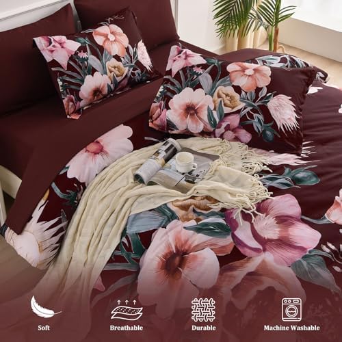 Luxudecor Burgundy Floral Comforter Set King Size 7 Piece, Flower Bed in a Bag, Elegant Comforter Bedding Set for All Season (Burgundy, 104"x90")