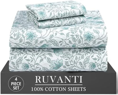 RUVANTI 100% Cotton Twin XL Sheets, Percale Twin XL Set, Wildflower Nest