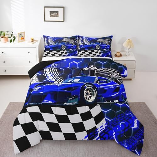 Toddler Race Car Bed for Boys,Blue Neon Lights Honeycomb Bedding Set Cool Sports Car Glitter Beehive Geometric Hexagon Comforter Set Full,Black White Grid Lattice Quilt Buffalo Plaid Decor