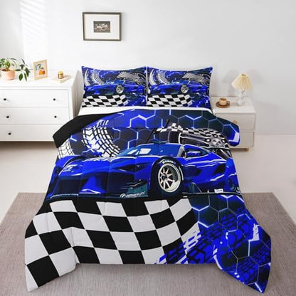 Toddler Race Car Bed,Blue Neon Lights Honeycomb Twin Bedding Set for Boys Cool Sports Car Glitter Beehive Geometric Hexagon Comforter Set,Black White Grid Lattice Quilt Buffalo Plaid Decor