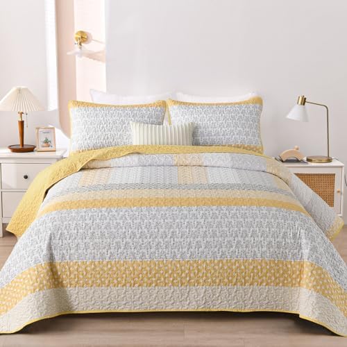 WONGS BEDDING Stripe Queen Size Quilt Bedding Set, Yellow
