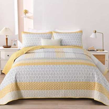 WONGS BEDDING Stripe Queen Size Quilt Bedding Set, Yellow