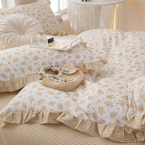 Ruffle Comforter Set Queen Vintage Rose Flower Comforter 3 Pieces Romantic Floral Bedding Set Queen Fluffy Soft Flowers Botanical Comforter Set 1 Flower Ruffled Comforter with 2 Lace Pillowcases