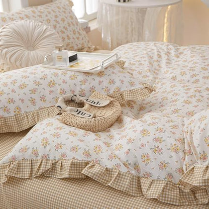 Ruffle Comforter Set Queen Vintage Rose Flower Comforter 3 Pieces Romantic Floral Bedding Set Queen Fluffy Soft Flowers Botanical Comforter Set 1 Flower Ruffled Comforter with 2 Lace Pillowcases