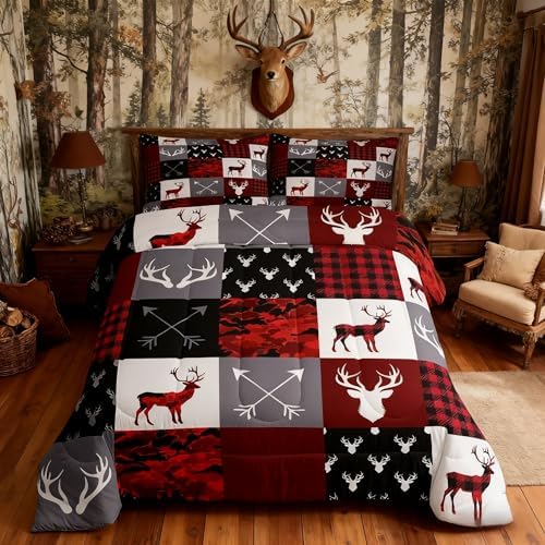 Deer Silhouette Comforter Set Twin Size,Antler Arrow Grid Stripe Design Bedding Duvet 2pcs for Kids Teens Adult Boys Girls Home Room Decoration, Camouflage Christmas Style Red Quilt Set