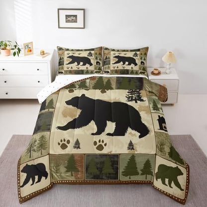 jejeloiu Bear Kids Comforter Set King Size Wild Animal Bedding Set Rustic Cabin Country Duvet Quilt for Kids Boys Girls Bedroom Decor Microfiber Ultra Soft Breathable