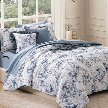 BLOOMHAVEN King Size Comforter Set-7 Pieces Blue Floral Bed in a Bag King