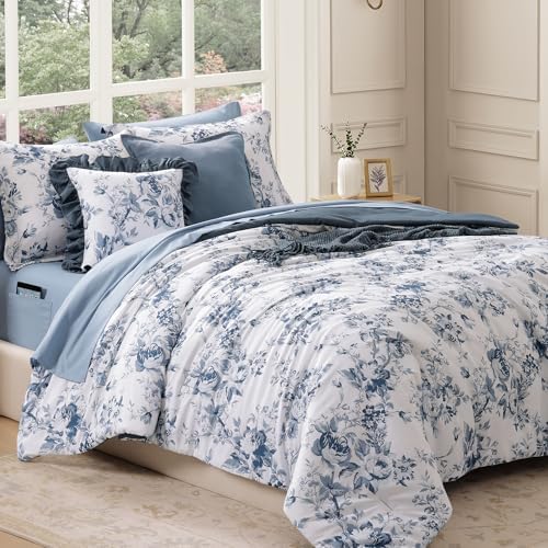 BLOOMHAVEN Twin XL Comforter Set-5 Pieces Blue Floral Bed in a Bag