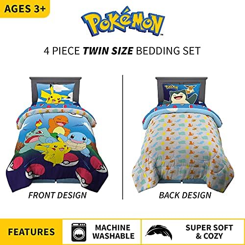 Franco Kids Bedding Super Soft Comforter and Sheet Set, 4 Piece Twin Size, Pokemon (Prints May vary)