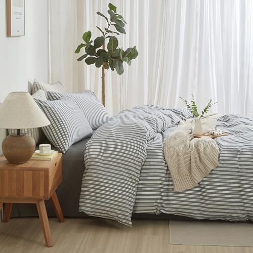 Striped Duvet Cover Set 100% Washed Cotton Linen Feel King