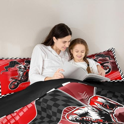 Feelyou Dirt Bike Comforter Set for Kids Boys Girls,Queen Size,Extreme Sports Bedding Set,Motorcycle Racer Duvet Quilt,Cool Motocross Comforter,Motorcycle Bedroom Decor