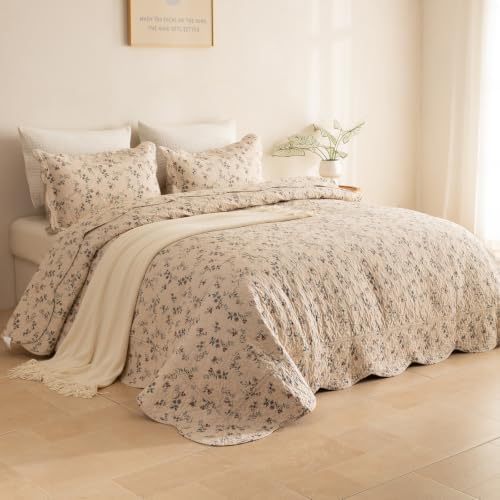 Lady Ann Cotton Quilt Twin Size(68"x86"), Cottagecore Wild Floral Quilted Bedspread, Lightweight Farmhouse Bedding Set （1 Coverlet and 1 Scalloped Edge Pillow Sham