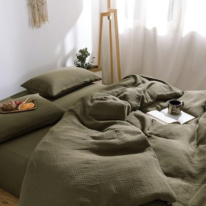 mixinni Olive Green Waffle Weave Duvet Cover Set King, 3-Piece 100% Natural Washed Cotton Triple-Layer Gauze Solid Bedding Set, Soft Breathable Minimalist Comforter Cover with Zipper & Ties-King