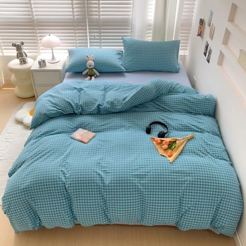 LifeTB Blue Gingham Comforter Set King 3 Pieces Blue Grey Grid Checkered Pattern Comforter with 2 Pillowcases Farmhouse Gingham Grid Bedding Set Soft Fluffy Modern Geometric Plaid Comforter Set