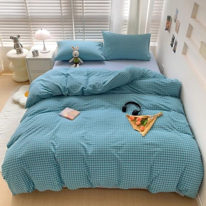 LifeTB Blue Gingham Comforter Set King 3 Pieces Blue Grey Grid Checkered Pattern Comforter with 2 Pillowcases Farmhouse Gingham Grid Bedding Set Soft Fluffy Modern Geometric Plaid Comforter Set