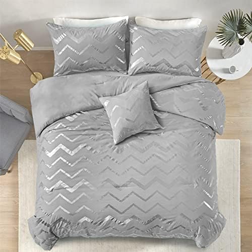 Menghomeus 4 Piece Grey/Silver Comforter Set Queen Size Bedding Set for Kid