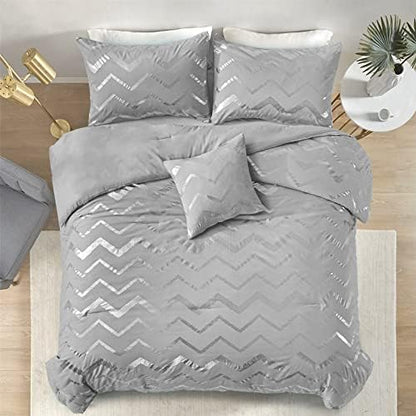 Menghomeus 4 Piece Grey/Silver Comforter Set Queen Size Bedding Set for Kid