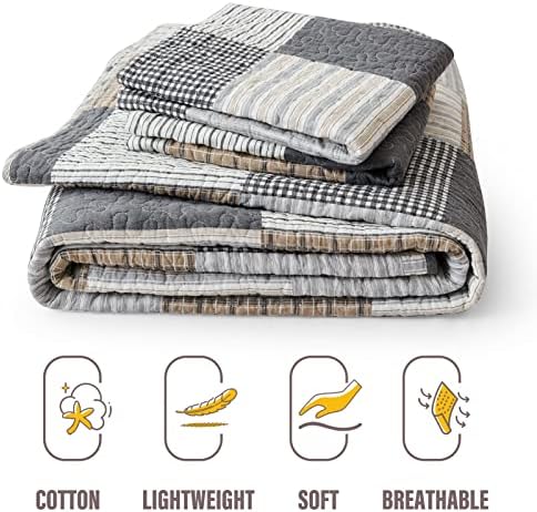 Y-PLWOMEN 100% Cotton King Size Quilt Farmhouse Plaid 3-Pieces Bedding