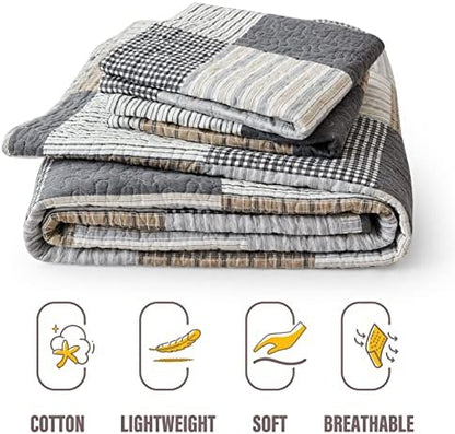Y-PLWOMEN 100% Cotton King Size Quilt Farmhouse Plaid 3-Pieces Bedding