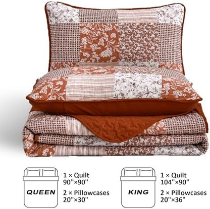Mybedsoul Burnt Orange Boho Quilt King Size, Patchwork Floral Bedding Set