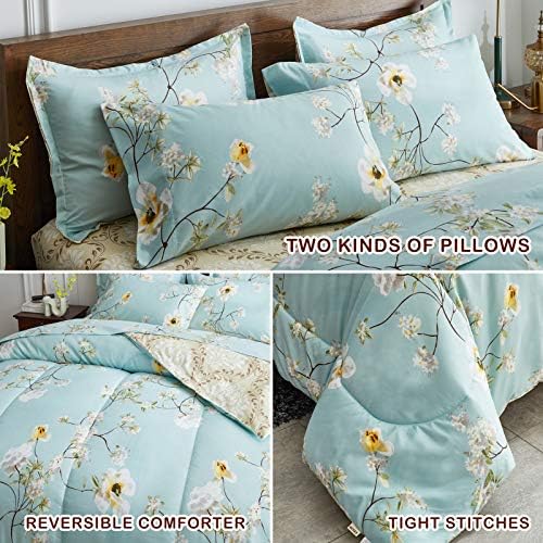 Joyreap 7 Piece Bed in a Bag King, Aqua Floral Elegant Design, Smooth Soft Microfiber Comforter Set (1 Comforter, 2 Pillow Shams, 1 Flat Sheet, 1 Fitted Sheet, 2 Pillowcases)