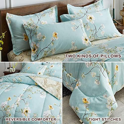 Joyreap 7 Piece Bed in a Bag King, Aqua Floral Elegant Design, Smooth Soft Microfiber Comforter Set (1 Comforter, 2 Pillow Shams, 1 Flat Sheet, 1 Fitted Sheet, 2 Pillowcases)