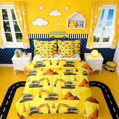 Erosebridal Boys Construction King Comforter Set with Sheets, Excavator Bed in A Bag for Kids Men Boys Room Decor, Yellow Vehicle 7-Piece Bedding Set, Equipment Trucks Bed Sets, Lightweight