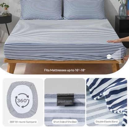 JELLYMONI 100% Cotton Sheet Set, Navy Blue Striped, Twin