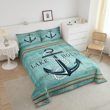 Manfei Anchor Comforter Set King Size, Nautical Theme Blue Wooden Plank Down Comforter with 2 Pillowcases, Lake House Bedding Set 3pcs for Kids Boys Teen Bedroom Decor Lightweight Duvet Insert