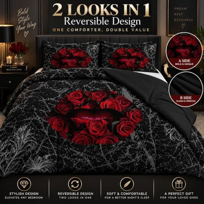 CCoutueChen Gothic Rose Lip Comforter Set Queen, Black Grey Marble Bedding