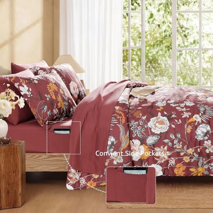 Full Size Comforter Sets- 7 Pieces Red Floral Bed in a Bag Full Bedding Set