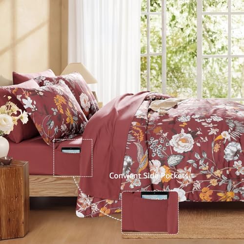 Queen Comforter Set - 7 Pieces Red Floral Bed in a Bag Queen Bedding Sets
