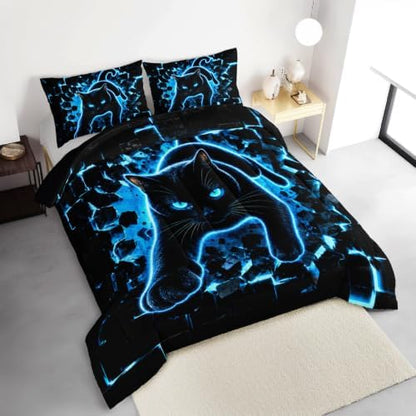 HOSIMA Neon Black Cat Comforter Twin for Kids Boys with 2 Pillowcases.