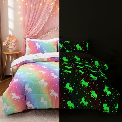 NTBED 5Pcs Glow in The Dark Kid Comforter Set Rainbow Unicorn Queen Bedding