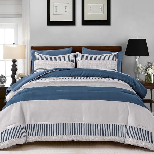 Cottolester Queen Comforter Set,Mineral Blue Striped Design Comforter Set