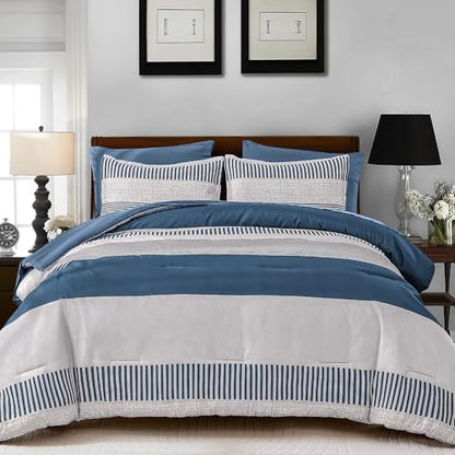 Cottolester Queen Comforter Set,Mineral Blue Striped Design Comforter Set