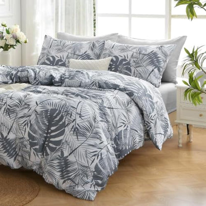 MUXHOMO Black&Grey Full Comforter Set, Elegant Floral Print Bed in a Bag 7 Pieces, Ultra Soft & Breathable Reversible Botanical Pattern Bedding Set with Comforter, Sheets, Pillowcases, and Shams