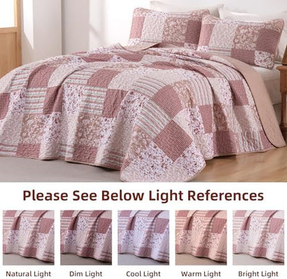 Mybedsoul Pink Boho Quilt King Size, Patchwork Reversible Bedding Set