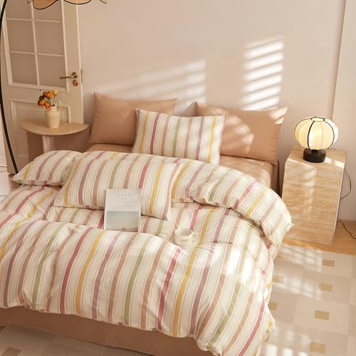 mixinni Vintage Striped Duvet Cover Set Queen, 3-Piece Washed Cotton Bedding Set - Soft, Breathable & Colorful Marble Stripe Pattern, All-Season Comforter Cover with Zipper-Queen Size