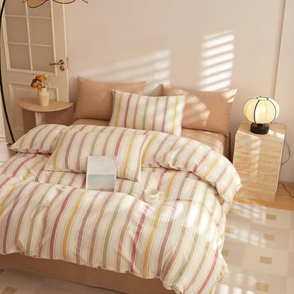 mixinni Vintage Striped Duvet Cover Set Queen, 3-Piece Washed Cotton Bedding Set - Soft, Breathable & Colorful Marble Stripe Pattern, All-Season Comforter Cover with Zipper-Queen Size