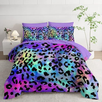 7Pcs Comforter Set Purple Leopard Printed Bedding Set with 1 Comforter, 1 Flat Sheet, 1 Fitted Sheet and 4 Pillowcases for Boys and Girls Bedroom All Season(Full)