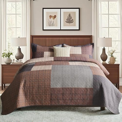 Finlonte 100% Cotton Queen Quilt Set, Farmhouse Plaid Queen Quilted Bedspread, Brown Lightweight Reversible Comforter Bedding Set for All Season, 3-Piece