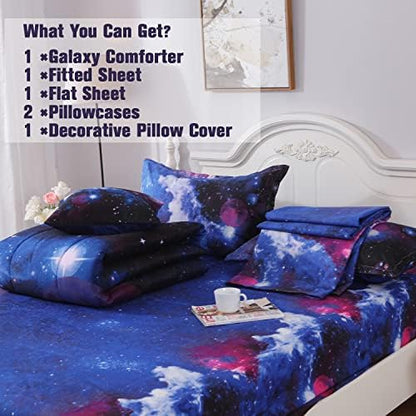 JQinHome Full Galaxy Comforter Sets 6 Piece Bed in A Bag, Outer Space Themed Bedding for Children Boy Girl Teen Kids - (1 Comforter, 1 Flat Sheet, 1 Fitted Sheet, 2 Pillowshams, 1 Cushion Cover)