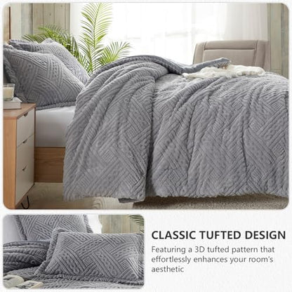 Homelike Moment Fleece King Comforter Set, Fluffy Bed Set 3 Piece Grey