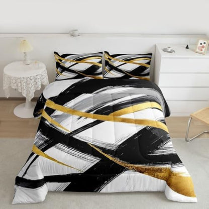 jejeloiu Black Gold Comforter Set Geometric Bedding Set King Size 3 Pcs