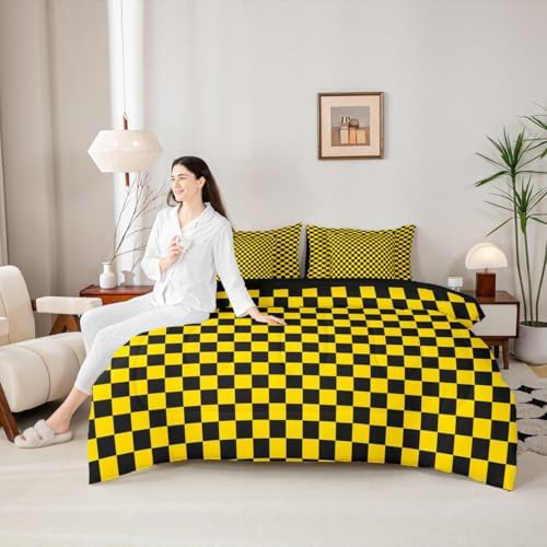 jejeloiu Yellow Black Bedding Set 7Pcs King Size Kids Plaid Checkered Comforter Set with Sheets for Boys Girls Classic Grid Buffalo Check Bed in a Bag Soft Lightweight,Microfiber