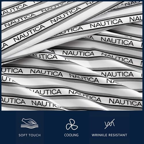 Nautica - Twin Sheet Set, Breathable & Cooling Microfiber Bedding with Matching Sham(s), Casual Home Decor (Striped Nautica Logo Grey, Twin)