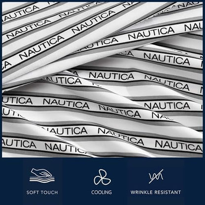 Nautica - Twin Sheet Set, Breathable & Cooling Microfiber Bedding with Matching Sham(s), Casual Home Decor (Striped Nautica Logo Grey, Twin)