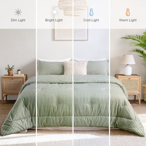 Queen Comforter Set, Fluffy Green Gingham Plaid Bedding, 3 Pieces
