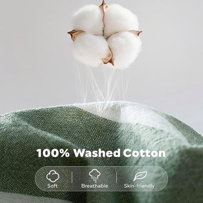 JELLYMONI Cotton Duvet Cover Full Size - Green Striped Comforter Cover with Button 100% Washed Cotton 3PCS Breathable Soft Solid Bedding Set Duvet Cover 80×90in & 2 Pillowcases (NO Comforter)